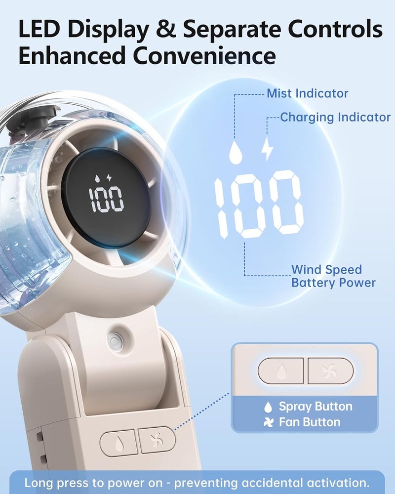 TriPole Misting Fan Portable Turbo Hand Held Fan with Water Mist, LED Display, 4000mAh Recahrgeable Battery, Neck & Desk Use, Personal Mini Handheld Mister Spray Bottle Fans for Outdoor Camping, Beige - Image 4